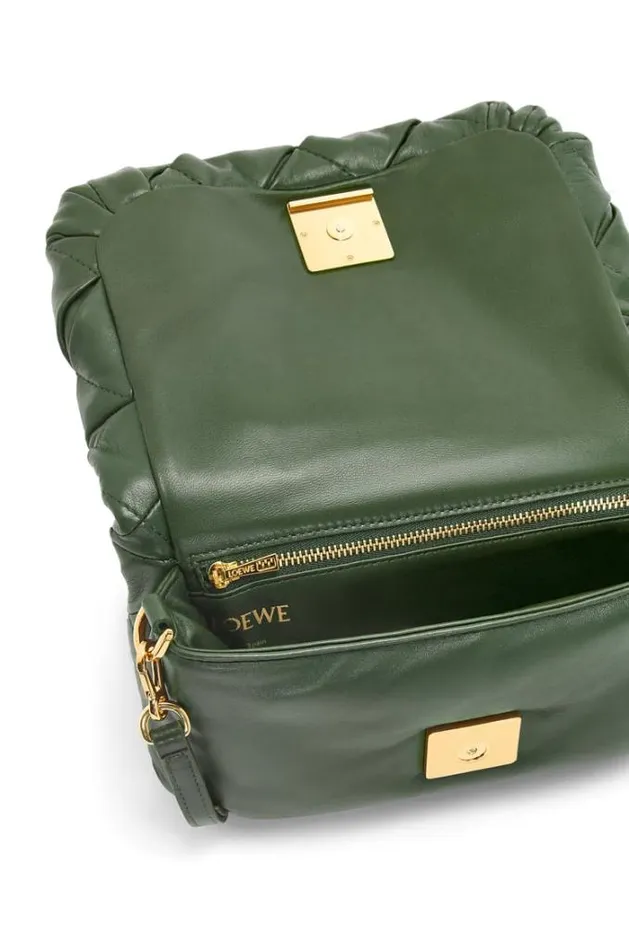 Loewe Mini Puffer Goya In Pleated Shiny Nappa Lambskin Bottle Green Women Crossbody Bags