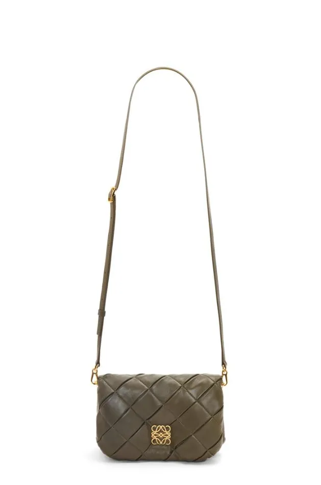 Loewe Mini Puffer Goya In Pleated Shiny Nappa Lambskin Dark Khaki Green Women Mini Bags