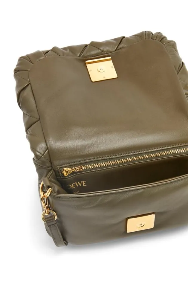 Loewe Mini Puffer Goya In Pleated Shiny Nappa Lambskin Dark Khaki Green Women Mini Bags