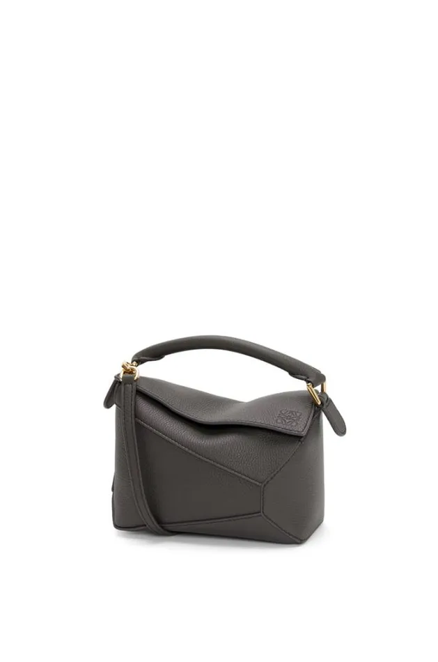 Loewe Mini Puzzle Bag In Soft Grained Calfskin Dark Grey Women Shoulder Bags
