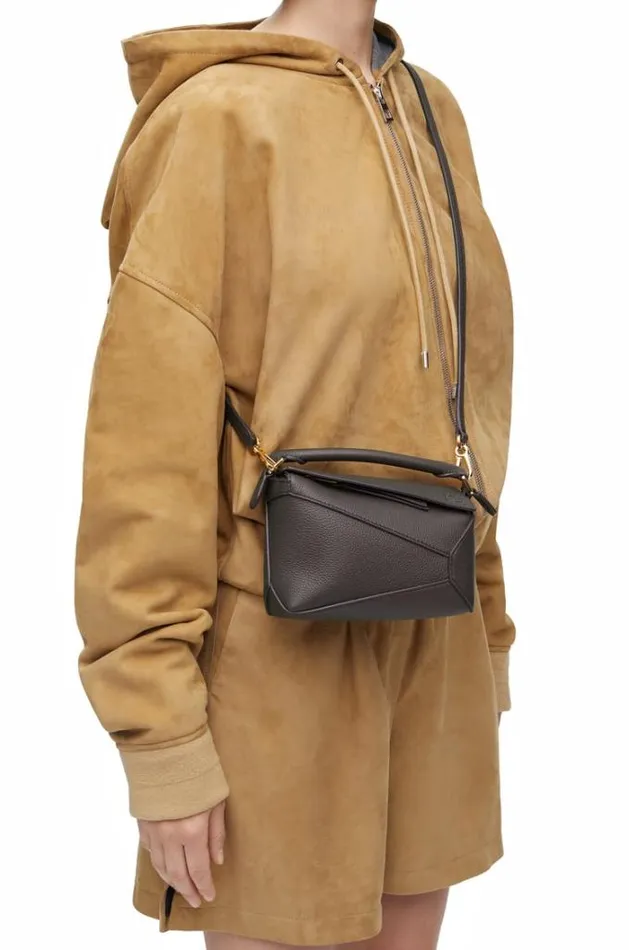 Loewe Mini Puzzle Bag In Soft Grained Calfskin Dark Grey Women Shoulder Bags