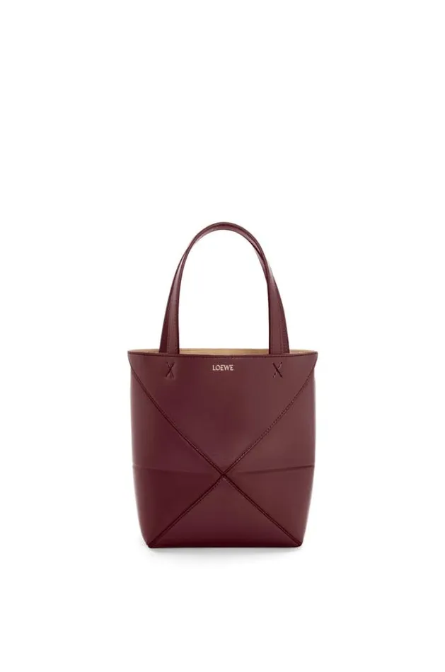 Loewe Mini Puzzle Fold Tote In Shiny Calfskin Dark Burgundy Women Mini Bags