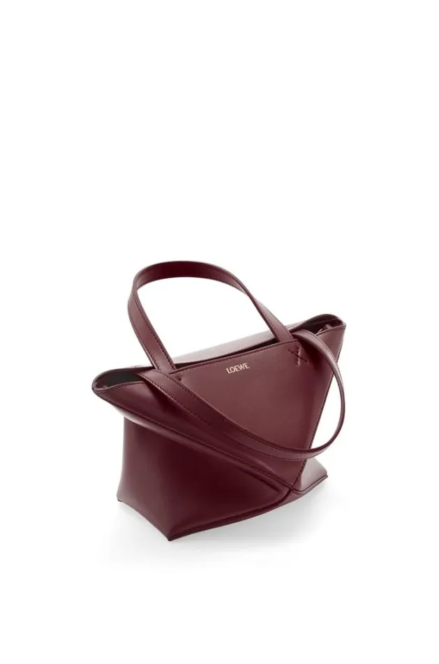 Loewe Mini Puzzle Fold Tote In Shiny Calfskin Dark Burgundy Women Mini Bags