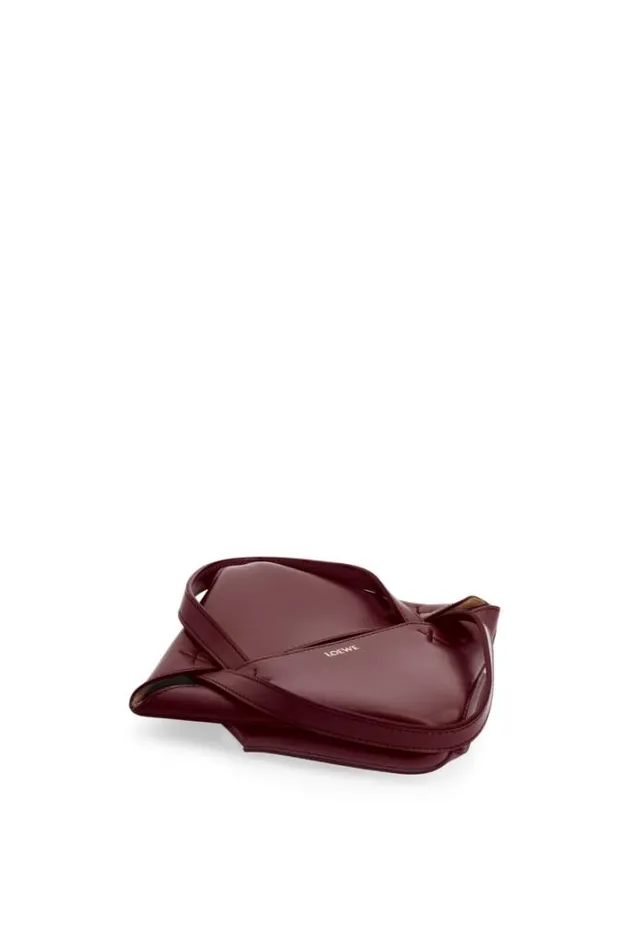 Loewe Mini Puzzle Fold Tote In Shiny Calfskin Dark Burgundy Women Mini Bags