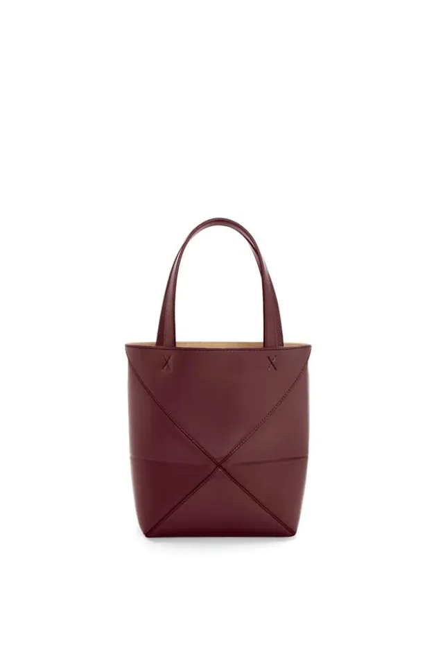 Loewe Mini Puzzle Fold Tote In Shiny Calfskin Dark Burgundy Women Mini Bags
