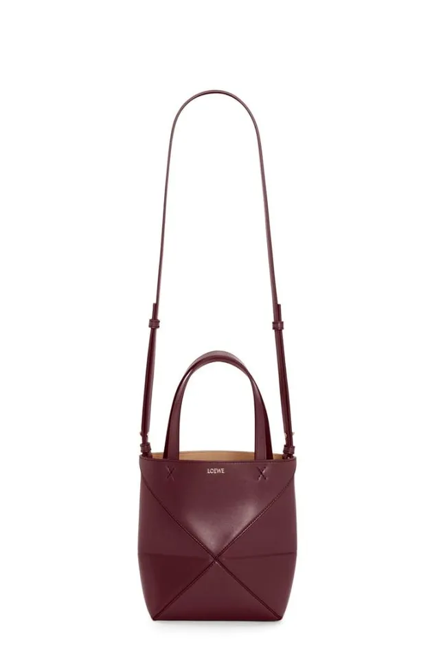 Loewe Mini Puzzle Fold Tote In Shiny Calfskin Dark Burgundy Women Mini Bags