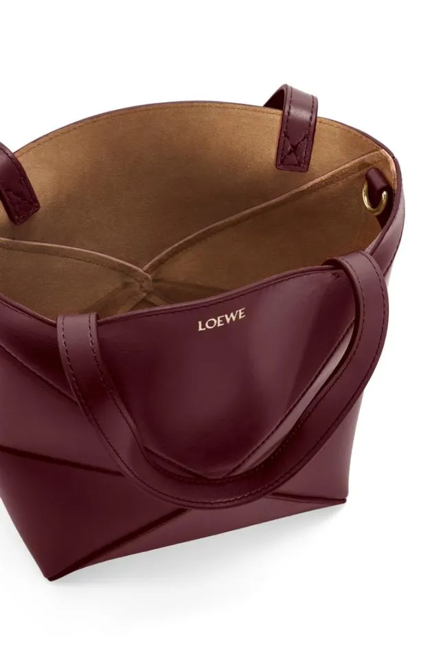 Loewe Mini Puzzle Fold Tote In Shiny Calfskin Dark Burgundy Women Mini Bags
