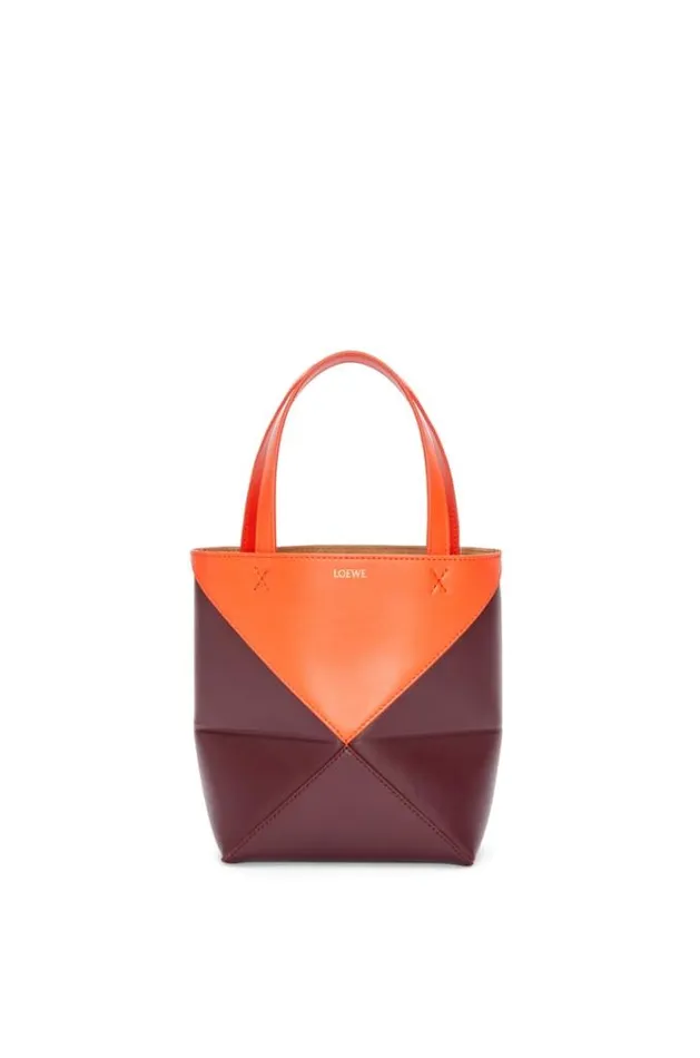 Loewe Mini Puzzle Fold Tote In Shiny Calfskin Vivid Orangeburgundy Women Tote and Top Handle Bags Loewe Mini Puzzle Fold Tote In Shiny Calfskin Vivid Orangeburgundy Women Tote and Top Handle Bags