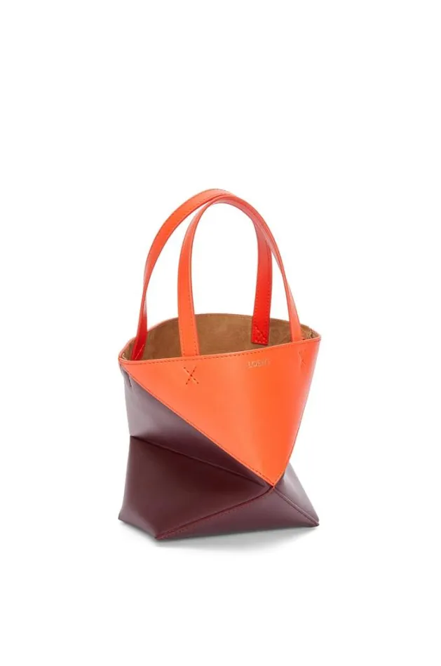 Loewe Mini Puzzle Fold Tote In Shiny Calfskin Vivid Orangeburgundy Women Tote and Top Handle Bags