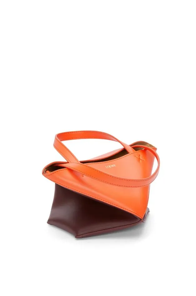 Loewe Mini Puzzle Fold Tote In Shiny Calfskin Vivid Orangeburgundy Women Tote and Top Handle Bags