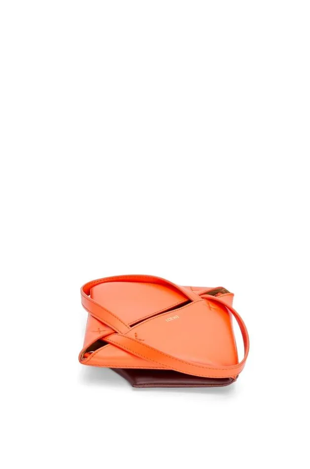 Loewe Mini Puzzle Fold Tote In Shiny Calfskin Vivid Orangeburgundy Women Tote and Top Handle Bags