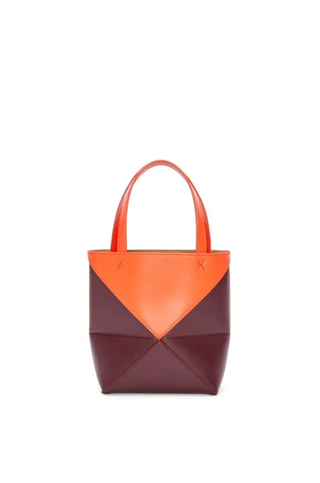 Loewe Mini Puzzle Fold Tote In Shiny Calfskin Vivid Orangeburgundy Women Tote and Top Handle Bags