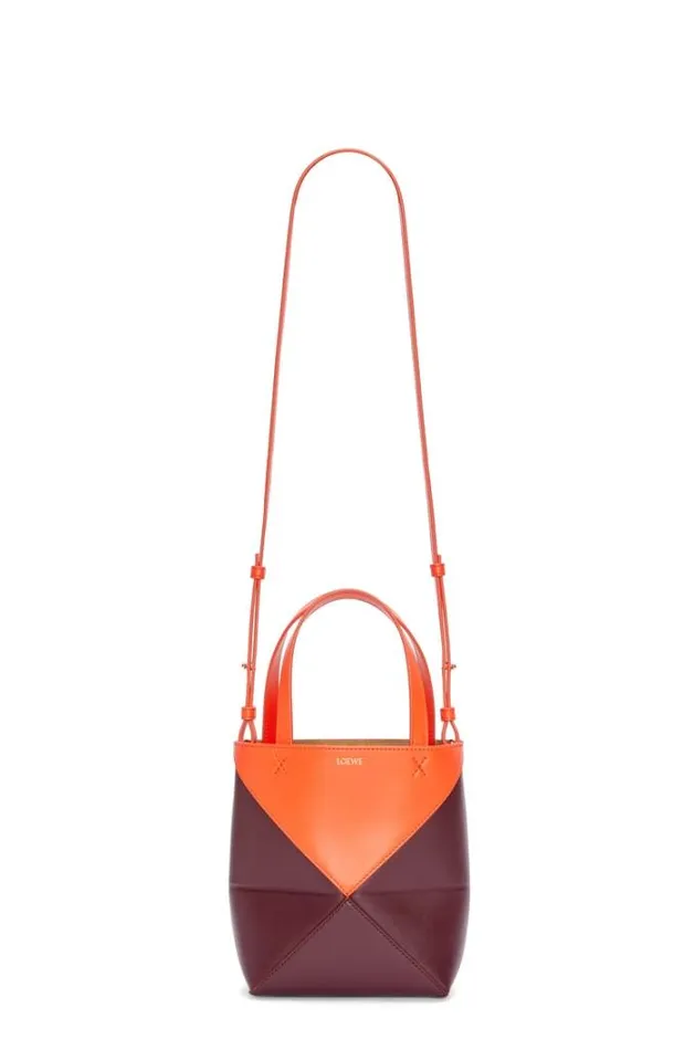 Loewe Mini Puzzle Fold Tote In Shiny Calfskin Vivid Orangeburgundy Women Tote and Top Handle Bags