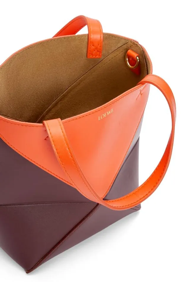 Loewe Mini Puzzle Fold Tote In Shiny Calfskin Vivid Orangeburgundy Women Tote and Top Handle Bags