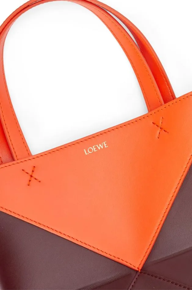 Loewe Mini Puzzle Fold Tote In Shiny Calfskin Vivid Orangeburgundy Women Tote and Top Handle Bags