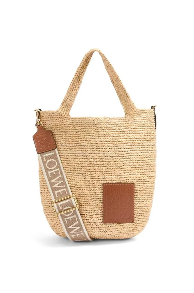Loewe Mini Slit Bag In Raffia And Calfskin Naturaltan Women Baskets