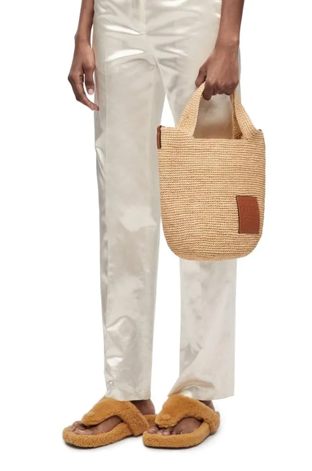 Loewe Mini Slit Bag In Raffia And Calfskin Naturaltan Women Baskets