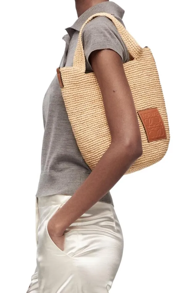 Loewe Mini Slit Bag In Raffia And Calfskin Naturaltan Women Baskets