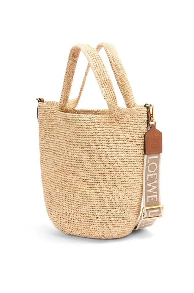Loewe Mini Slit Bag In Raffia And Calfskin Naturaltan Women Baskets