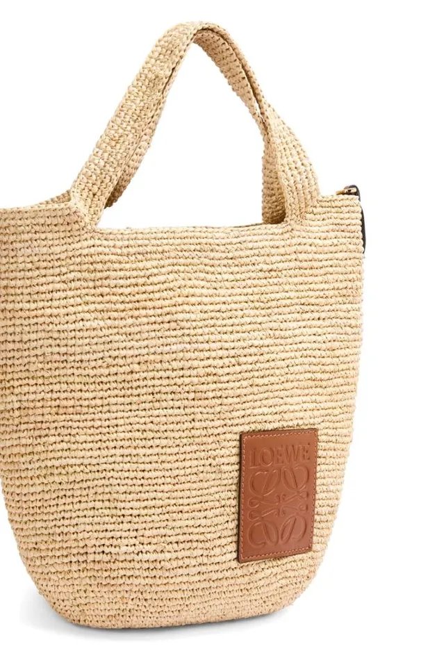 Loewe Mini Slit Bag In Raffia And Calfskin Naturaltan Women Baskets