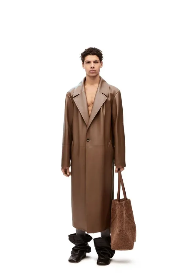 Loewe Pleated Coat In Nappa Lambskin Mud Men Coats and Outerwear