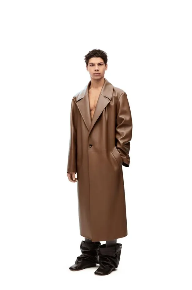Loewe Pleated Coat In Nappa Lambskin Mud Men Coats and Outerwear
