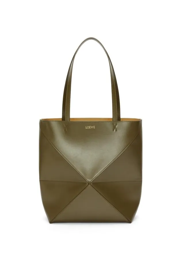 Loewe Puzzle Fold Tote In Shiny Calfskin Dark Khaki Green Women Tote and Top Handle Bags