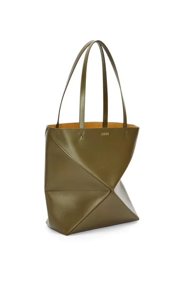 Loewe Puzzle Fold Tote In Shiny Calfskin Dark Khaki Green Women Tote and Top Handle Bags