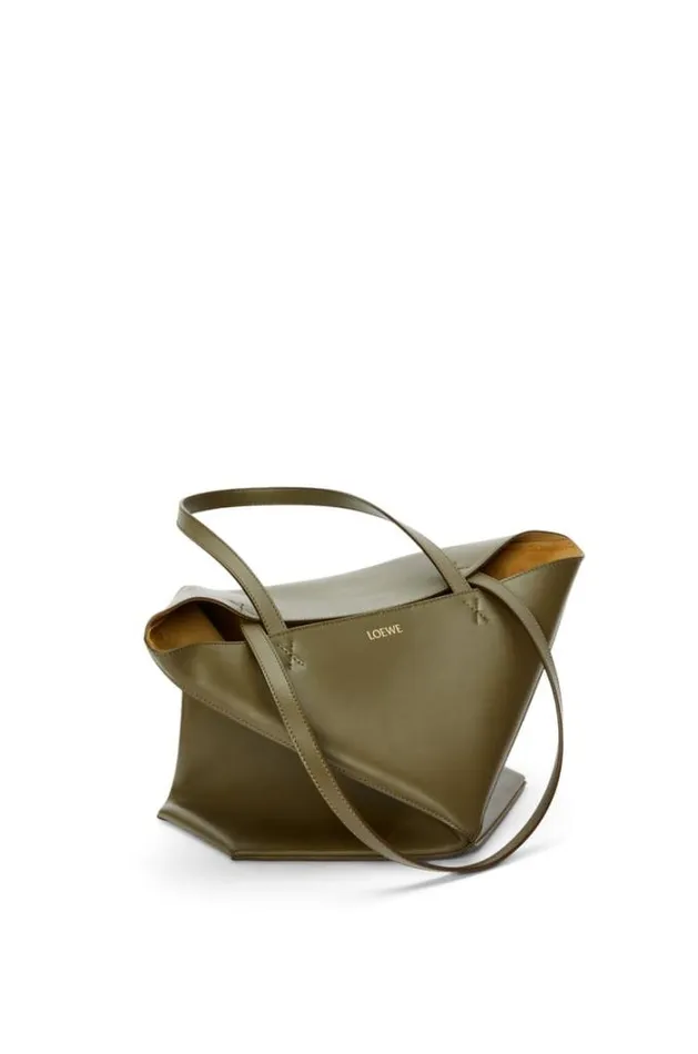 Loewe Puzzle Fold Tote In Shiny Calfskin Dark Khaki Green Women Tote and Top Handle Bags