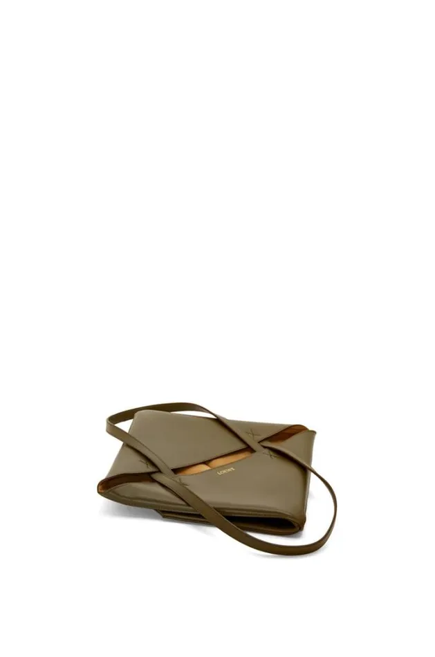 Loewe Puzzle Fold Tote In Shiny Calfskin Dark Khaki Green Women Tote and Top Handle Bags