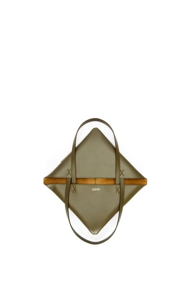Loewe Puzzle Fold Tote In Shiny Calfskin Dark Khaki Green Women Tote and Top Handle Bags