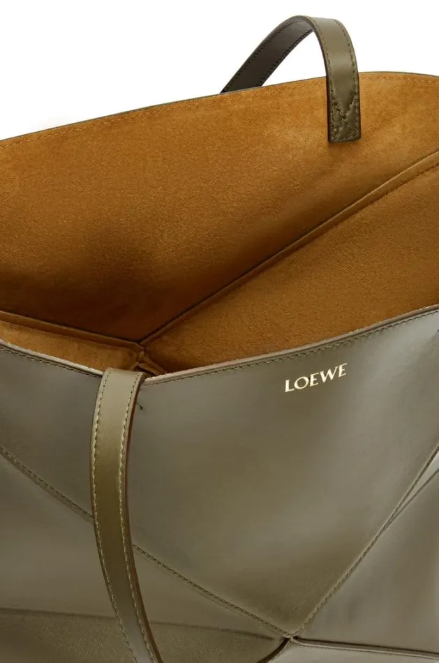 Loewe Puzzle Fold Tote In Shiny Calfskin Dark Khaki Green Women Tote and Top Handle Bags