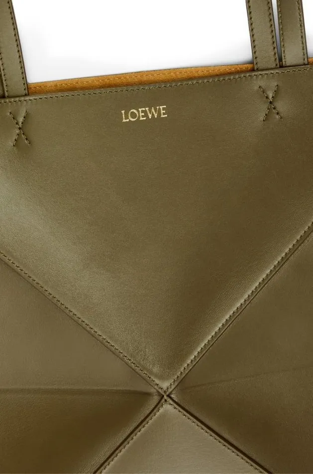 Loewe Puzzle Fold Tote In Shiny Calfskin Dark Khaki Green Women Tote and Top Handle Bags