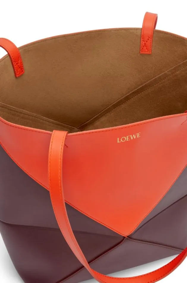 Loewe Puzzle Fold Tote In Shiny Calfskin Vivid Orangeburgundy Women Tote and Top Handle Bags