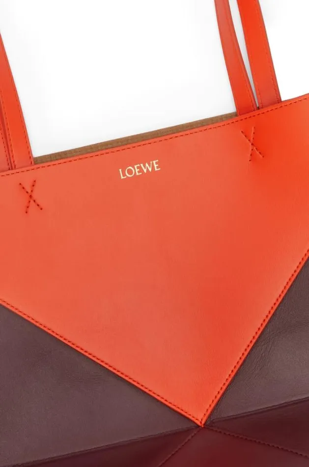 Loewe Puzzle Fold Tote In Shiny Calfskin Vivid Orangeburgundy Women Tote and Top Handle Bags