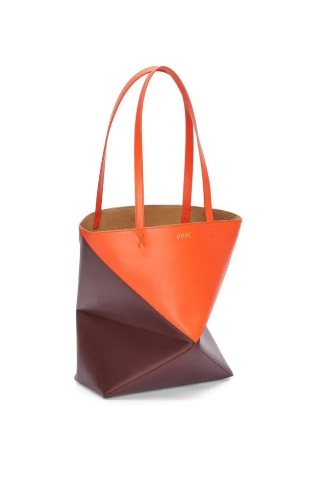 Loewe Puzzle Fold Tote In Shiny Calfskin Vivid Orangeburgundy Women Tote and Top Handle Bags