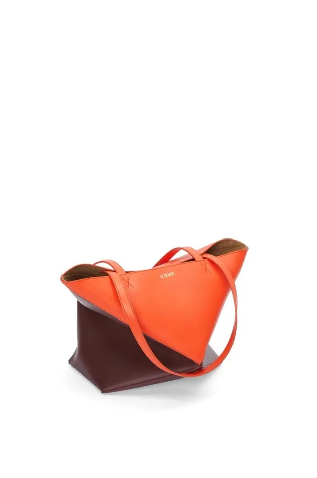 Loewe Puzzle Fold Tote In Shiny Calfskin Vivid Orangeburgundy Women Tote and Top Handle Bags