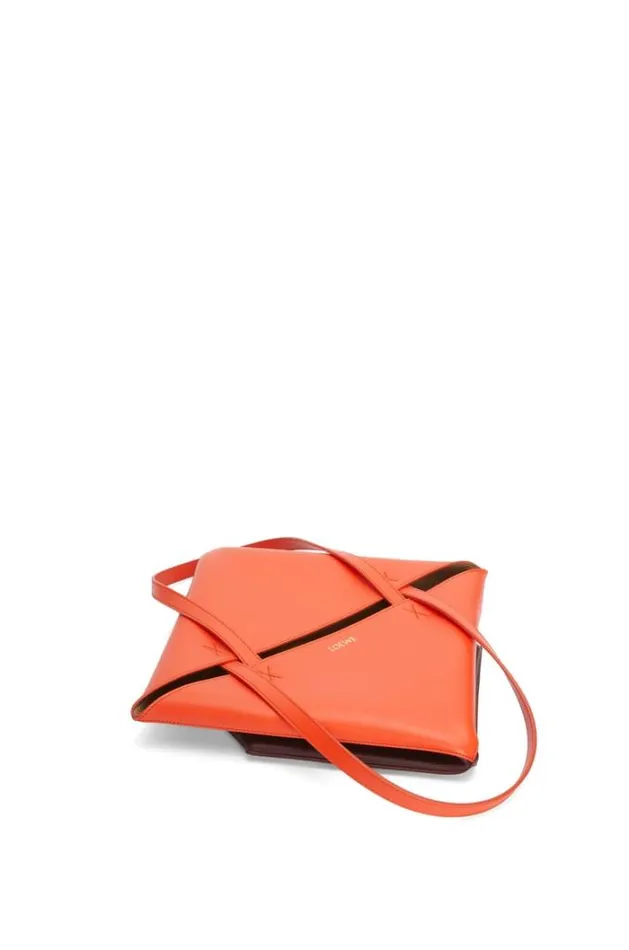 Loewe Puzzle Fold Tote In Shiny Calfskin Vivid Orangeburgundy Women Tote and Top Handle Bags