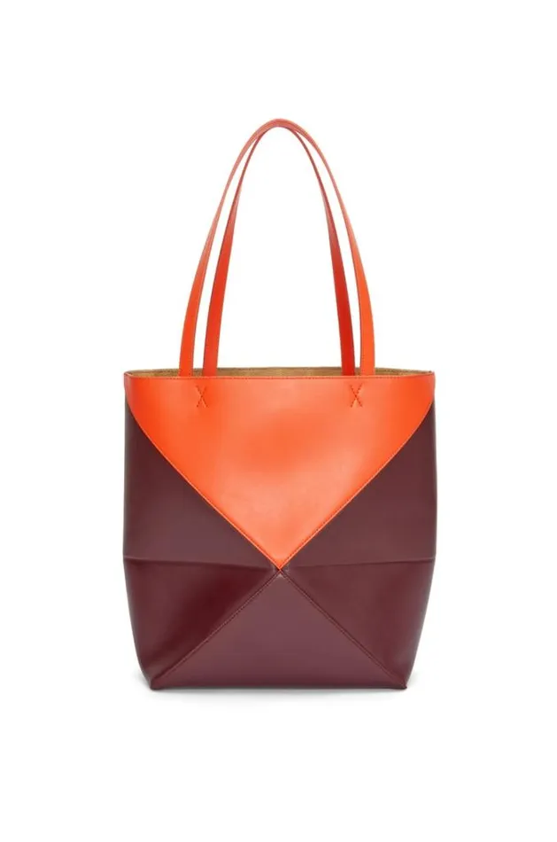 Loewe Puzzle Fold Tote In Shiny Calfskin Vivid Orangeburgundy Women Tote and Top Handle Bags
