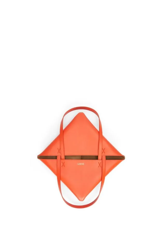 Loewe Puzzle Fold Tote In Shiny Calfskin Vivid Orangeburgundy Women Tote and Top Handle Bags