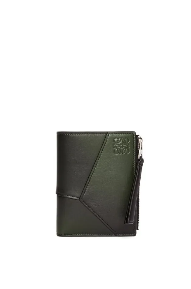 Loewe Puzzle Slim Compact Wallet In Silk Calfskin Bottle Green Men Wallets