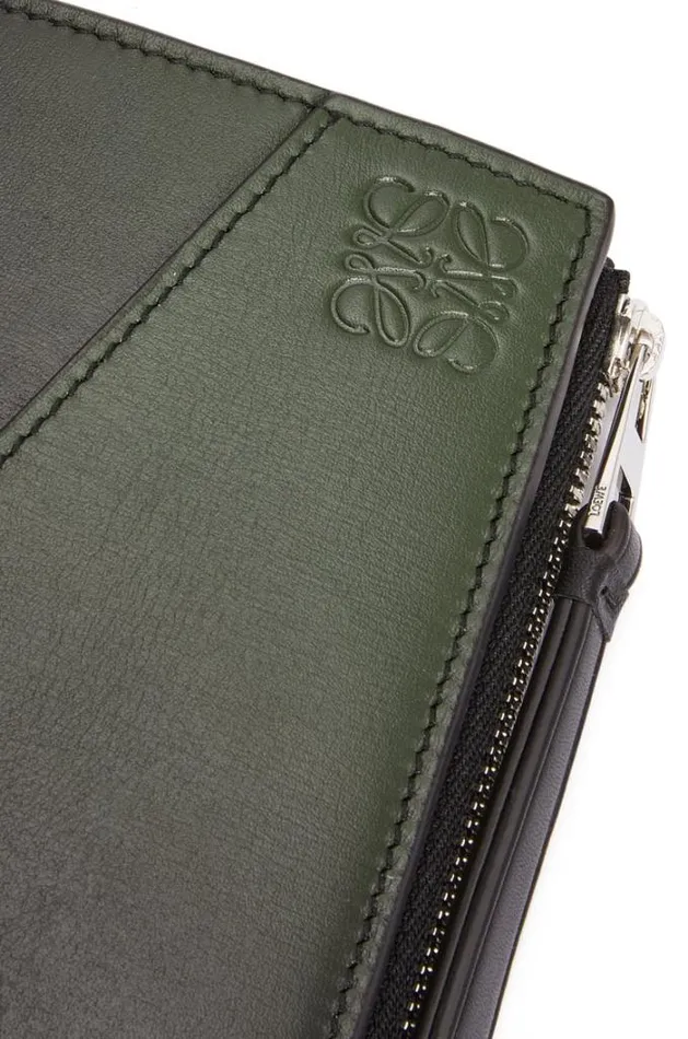 Loewe Puzzle Slim Compact Wallet In Silk Calfskin Bottle Green Men Wallets
