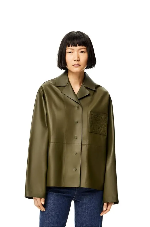 Loewe Pyjama Blouse In Nappa Lambskin Dark Khaki Green Women Blouses and Tops
