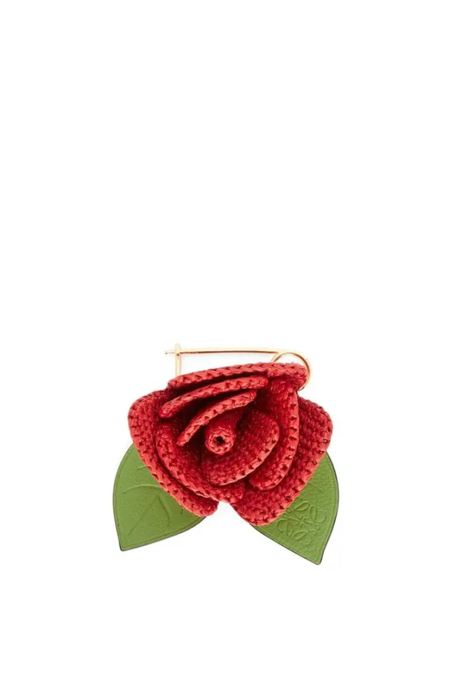 Loewe Rose Pin In Raffia And Brass Red Women Bag Charms and Keyrings