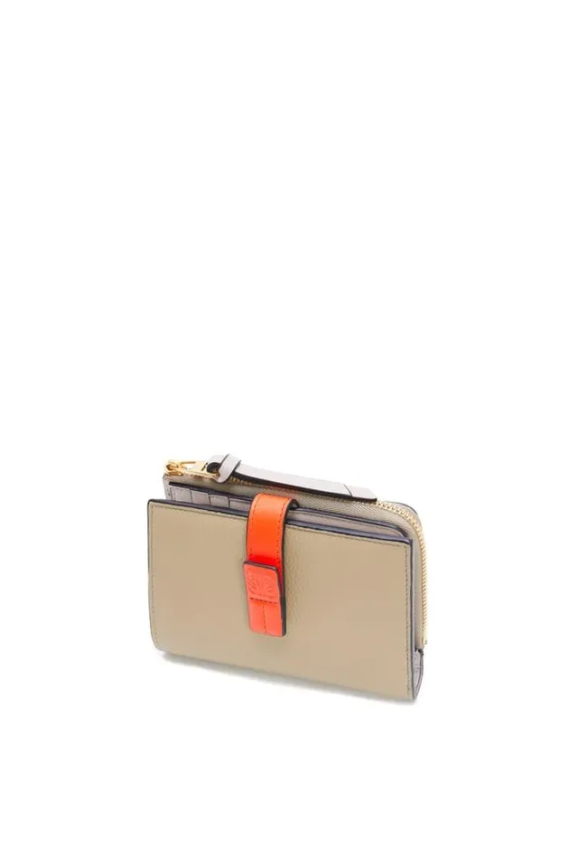 Loewe Slim Zip Bifold Wallet In Soft Grained Calfskin Clay Greenvivid Orange Women Small Wallets