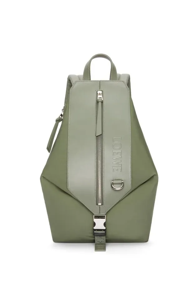 Loewe Small Convertible Backpack In Nylon And Calfskin Khaki Green Men Backpacks