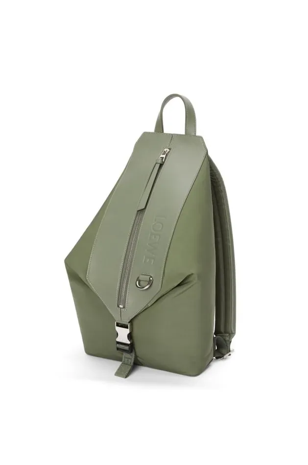 Loewe Small Convertible Backpack In Nylon And Calfskin Khaki Green Men Backpacks