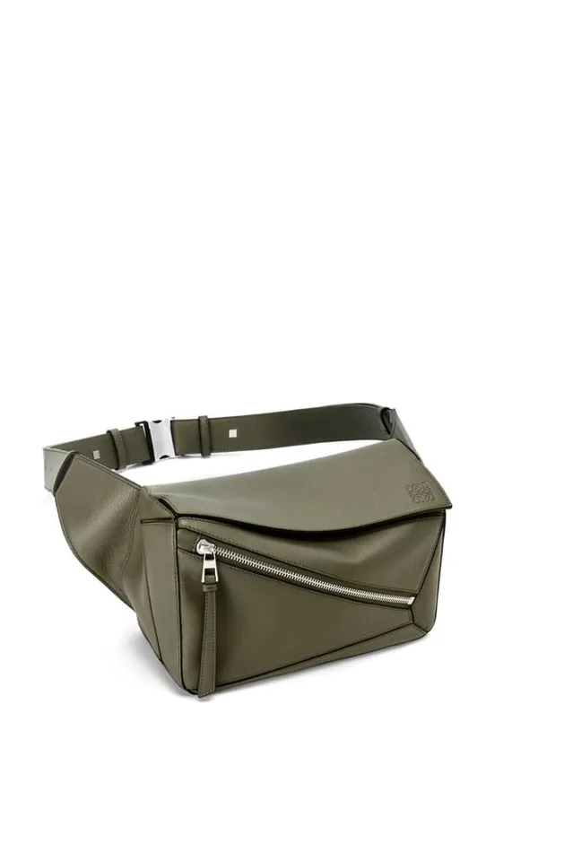 Loewe Small Puzzle Bumbag In Classic Calfskin Khaki Green Men Shoulder Bags