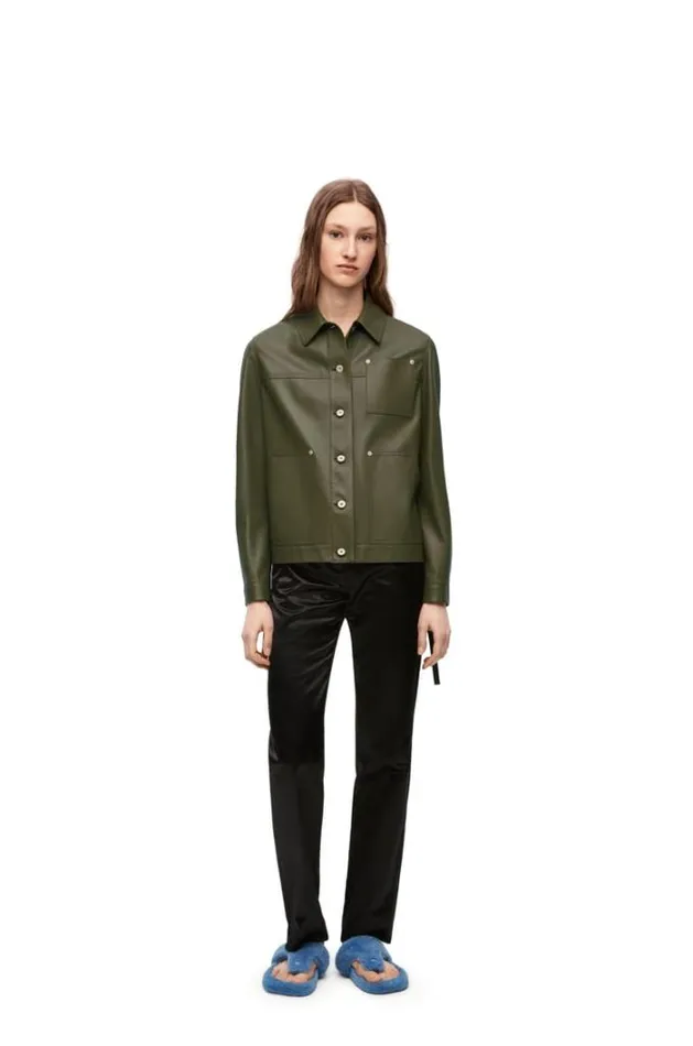 Loewe Workwear Jacket In Nappa Lambskin Khaki Green Women Leather