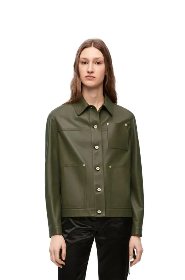 Loewe Workwear Jacket In Nappa Lambskin Khaki Green Women Leather